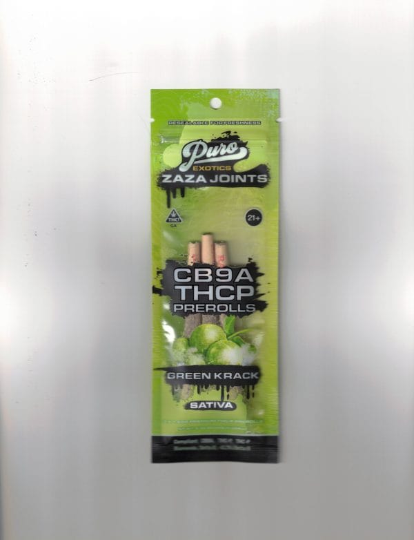 Puro Exotics Zaza Joints Green Krack Sativa CB9A THCP 3 Pre Rolls / 1CT